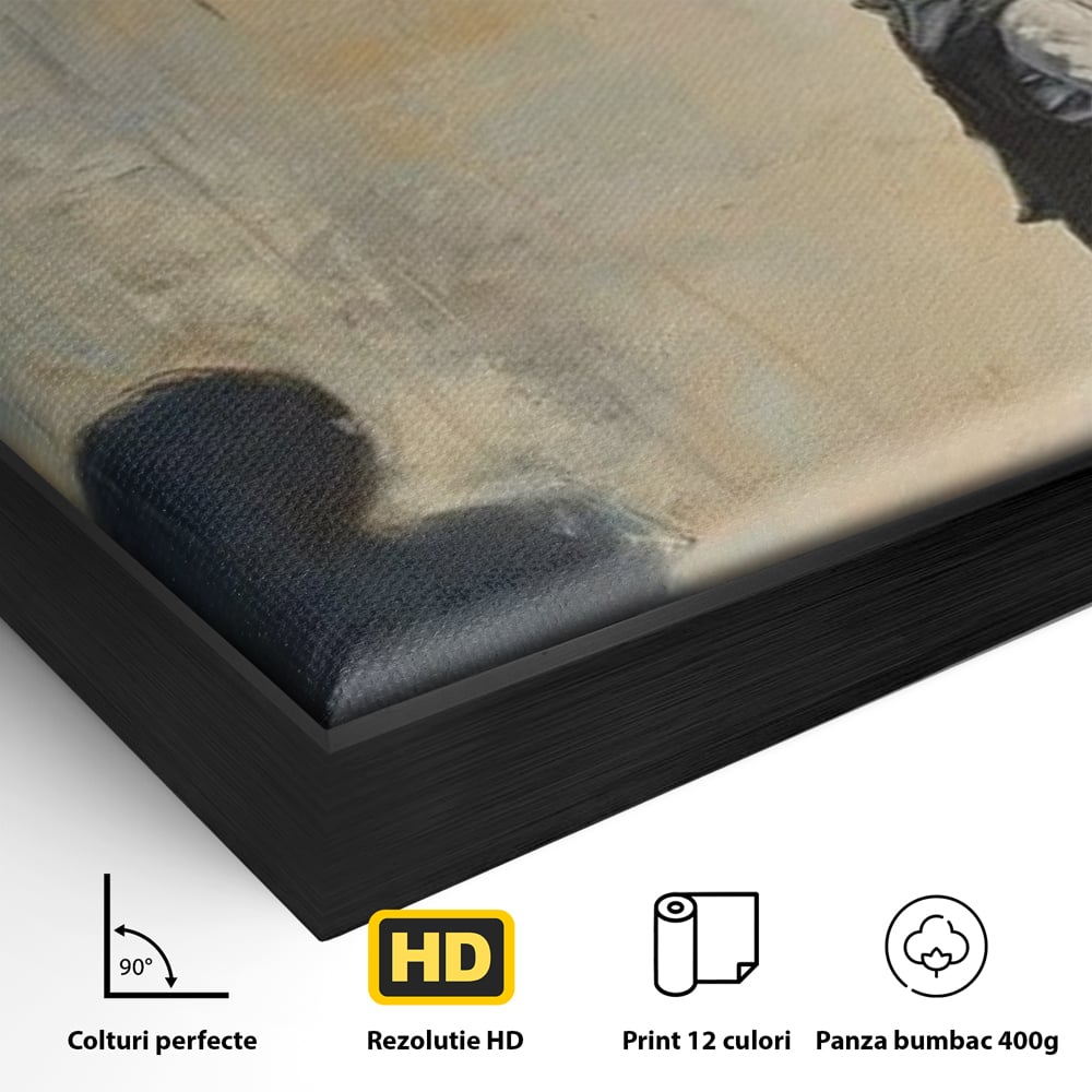 Detaliu al suprafetei: tablou canvas cu fetita si balon rosu, in rama de aluminiu negru